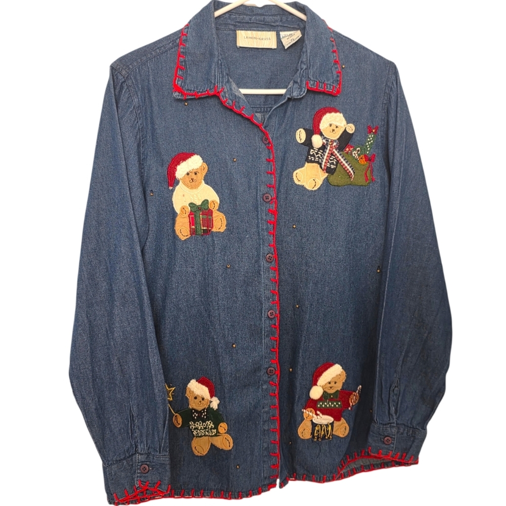 Festive Denim Shirt with Holiday Bears